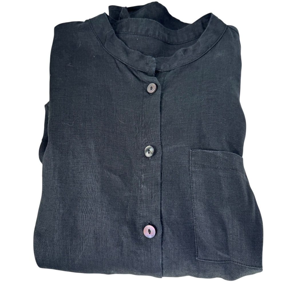 Hannah Lavery Black Stonewashed Linen Band Collar Button‎ Down Shirt Sz 8/US 4